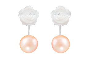 9-10mm Pink Cultured Freshwater Pearl and Mother of Pearl Rhodium Over Sterling Silver Earrings