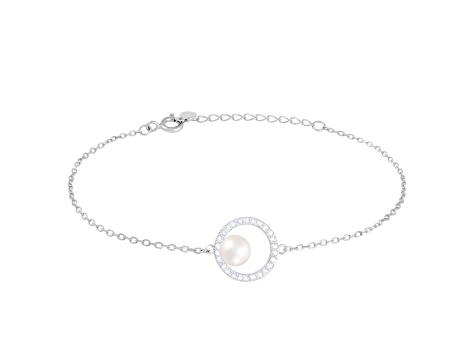 6-6.5mm White Cultured Freshwater Pearl Silver  Bracelet