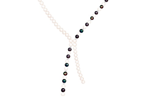 6-7mm White and Black Cultured Freshwater Pearl with Moon Bead Sterling Silver Strand Necklace