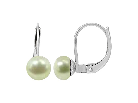 5.5-6mm Button Light Green Freshwater Pearl Sterling Silver Leverback Earrings