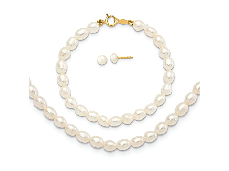 14K Yellow Gold White Freshwater Cultured Pearl 14 Inch Necklace, 5 Inch Bracelet and Earring Set