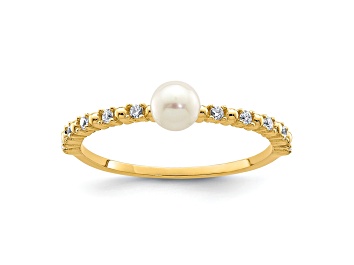 Picture of 14K Yellow Gold 3-4mm White Button Freshwater Cultured Pearl Cubic Zirconia Ring