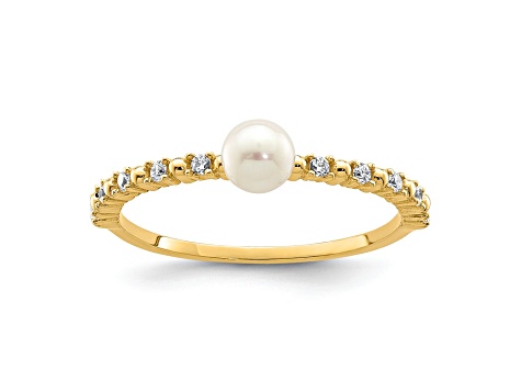 14K Yellow Gold 3-4mm White Button Freshwater Cultured Pearl Cubic Zirconia Ring