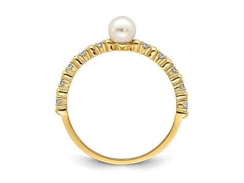 14K Yellow Gold 3-4mm White Button Freshwater Cultured Pearl Cubic Zirconia Ring
