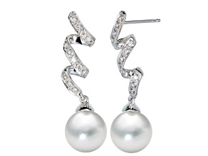 14KW Dangling Earrings 0.10 ctw Diamond 9.5mm Cultured Pearl
