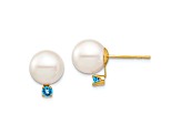 14K Yellow Gold 8-8.5mm White Round Freshwater Cultured Pearl Swiss Blue Topaz Post Earrings
