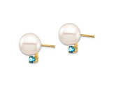 14K Yellow Gold 8-8.5mm White Round Freshwater Cultured Pearl Swiss Blue Topaz Post Earrings