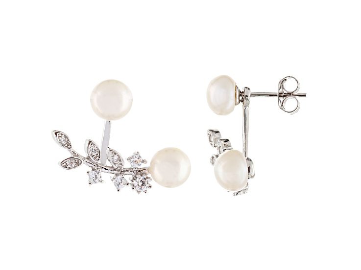 6-6.5mm White Cultured Freshwater Pearl and Cubic Zirconia Rhodium Over Sterling Silver Earrings
