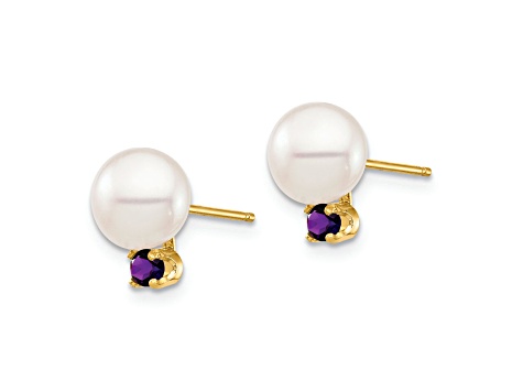 14K Yellow Gold 7-7.5mm White Round Freshwater Cultured Pearl Amethyst Post Earrings