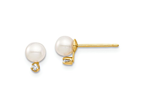 14K Yellow Gold 4-5mm White Round Freshwater Cultured Pearls and Cubic ...