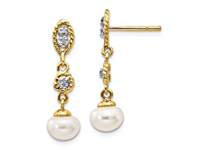 14K Yellow Gold with Rhodium 6-7mm Semi-round Freshwater Cultured Pearl 0.02ct Diamond Earrings