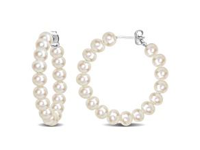 5-5.5mm Freshwater Cultured Pearl Hoop Earrings in Sterling Silver