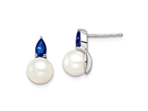 Rhodium Over 14K White Gold Freshwater Cultured Pearl and Sapphire Post Earrings