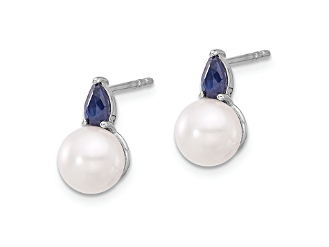 Rhodium Over 14K White Gold Freshwater Cultured Pearl and Sapphire Post Earrings