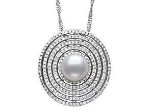 Sterling Silver Freshwater Pearl and Cubic Zirconia  Pendant with Singapore Chain