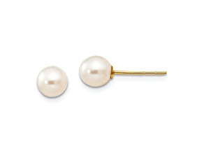 14K Yellow Gold 5-6mm White Near Round Freshwater Cultured Pearl Post Earrings