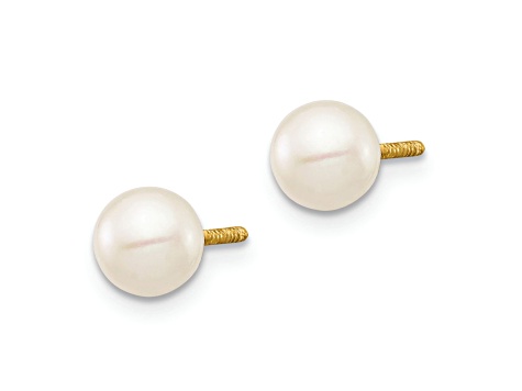 14K Yellow Gold 5-6mm White Near Round Freshwater Cultured Pearl Post Earrings