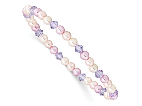 Children's Pink, Purple and White 4mm Shell Bead and Crystal Stretch Bracelet