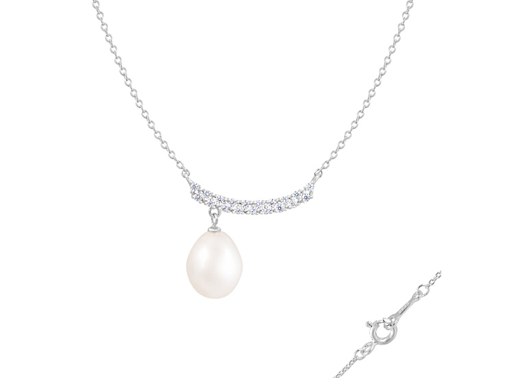 8.5-9mm Drop White Cultured Freshwater Pearl and Cubic Zirconia Rhodium Over Sterling Necklace