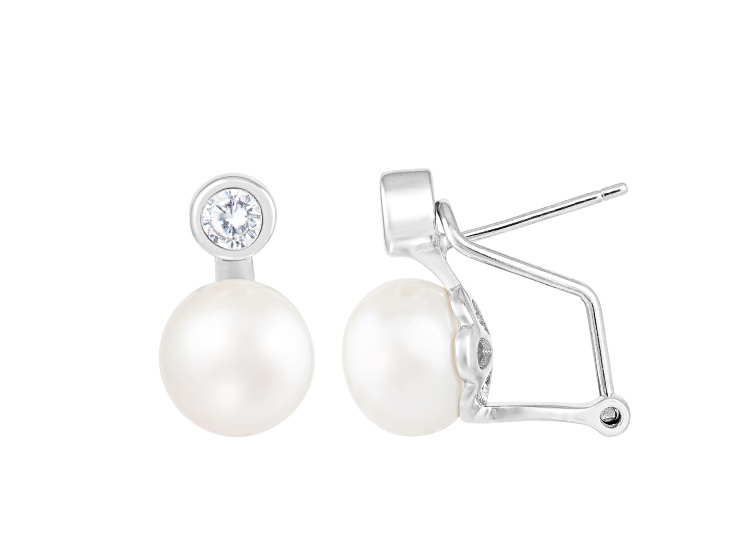 8.5-9mm White Cultured Freshwater Pearl and Cubic Zirconia Rhodium Over Sterling Silver Earrings
