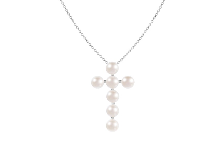 6.5-7mm Button White Cultured Freshwater Pearl Rhodium Over Sterling Silver Pendant