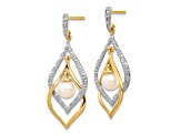14K Yellow Gold 5-6mm White Round Freshwater Cultured Pearl 0.02ct Diamond Dangle Earrings