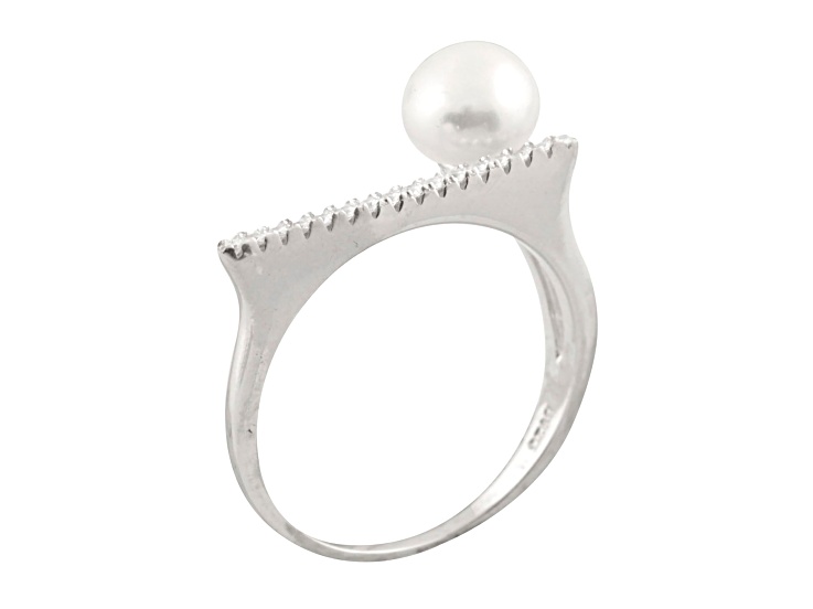6-7mm White Button Cultured Freshwater Pearl and Cubic Zirconia Rhodium Over Silver Ring