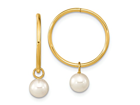 14K Yellow Gold 5-6mm Round White Freshwater Cultured Pearl Hoop Earrings
