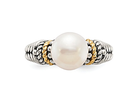 Sterling Silver Antiqued with 14K Accent 8mm Freshwater Cultured Pearl Ring
