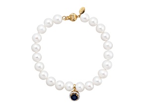 White Freshwater Pearl, Blue Sapphire and Diamond Accent Tennis Bracelet with Bead Clasp
