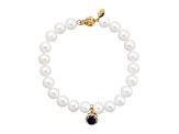 White Freshwater Pearl, Blue Sapphire and Diamond Accent Tennis Bracelet with Bead Clasp