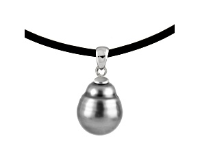 Sterling Silver Rhodium Plated 9mm Tahitian Pearl Rubber Necklace