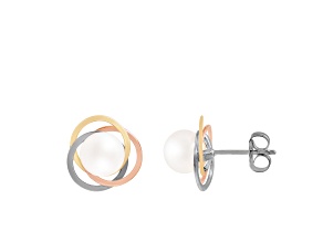 White Cultured Akoya Pearl 14k Yellow and White and Rose Gold Earrings 6.5-7mm