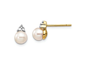 14K Yellow Gold 5-6mm White Round Freshwater Cultured Pearl 0.01 cttw Diamond Post Earrings
