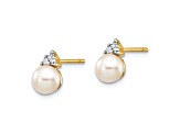 14K Yellow Gold 5-6mm White Round Freshwater Cultured Pearl 0.01 cttw Diamond Post Earrings