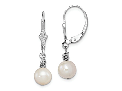 Rhodium Over Sterling Silver Beaded Freshwater Cultured Pearl Leverback Dangle Earrings