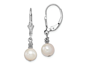Rhodium Over Sterling Silver Beaded Freshwater Cultured Pearl Leverback Dangle Earrings