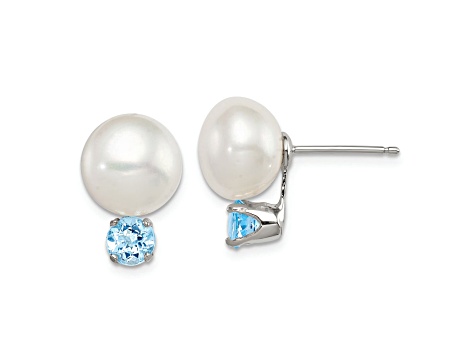 Sterling Silver 10-11mm Freshwater Cultured Button Pearl with Blue Topaz Earrings