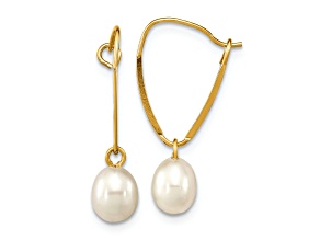14k Yellow Gold 6-7mm Rice White Freshwater Cultured Pearl Dangle Earrings