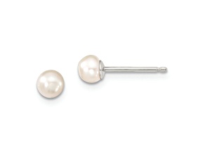 Rhodium Over Sterling Silver 4-5mm White Button FWC Pearl Post Earrings