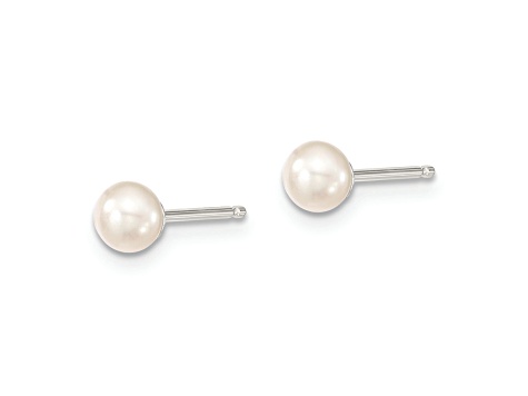 Rhodium Over Sterling Silver 4-5mm White Button FWC Pearl Post Earrings
