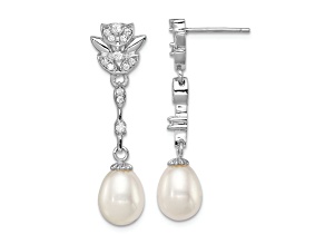 Rhodium Over Sterling Silver  8-9mm White FWC Pearl Cubic Zirconia Post Dangle Earrings