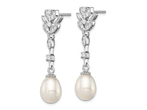 Rhodium Over Sterling Silver  8-9mm White FWC Pearl Cubic Zirconia Post Dangle Earrings