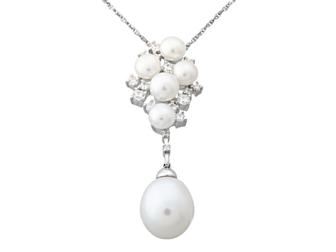 White Freshwater Pearl and Cubic Zirconia Sterling Silver Cluster Drop Pendant with Chain