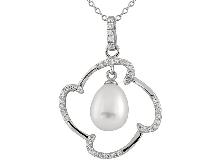 9-10mm Drop White Cultured Freshwater Pearl and CZ Rhodium Over Sterling Silver Pendant