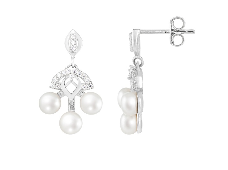 4.5-5mm White Cultured Freshwater Pearl and Cubic Zirconia Rhodium Over Sterling Silver Earrings