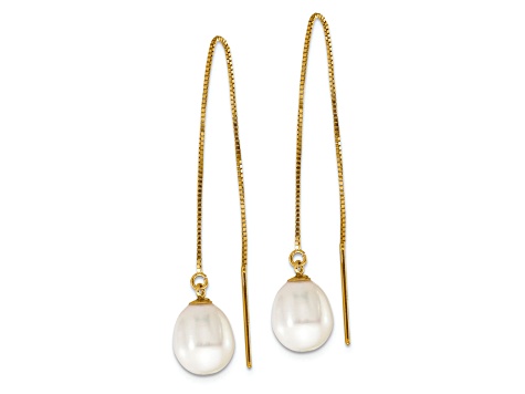 14K Yellow Gold 7-8mm White Teardrop Freshwater Cultured Pearl Box Chain Threader Earrings