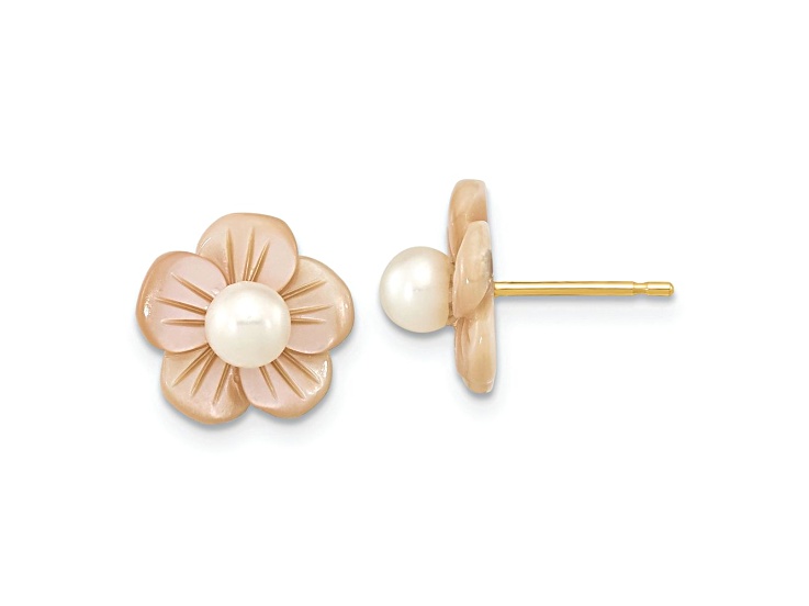 10k Yellow Gold 3-4mm White Freshwater Cultured Pearl with Mother of Pearl 10mm Flower Stud Earrings