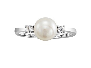 7-8mm Button White Freshwater Pearl and Lab Created White Sapphire Sterling Silver Ring