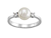 7-8mm Button White Freshwater Pearl and Lab Created White Sapphire Sterling Silver Ring